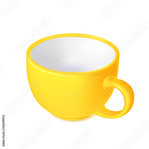 Yellow cup with a handle, empty tureen for liquid food, ceramic dishes, kitchen utensils. Vector illustration.