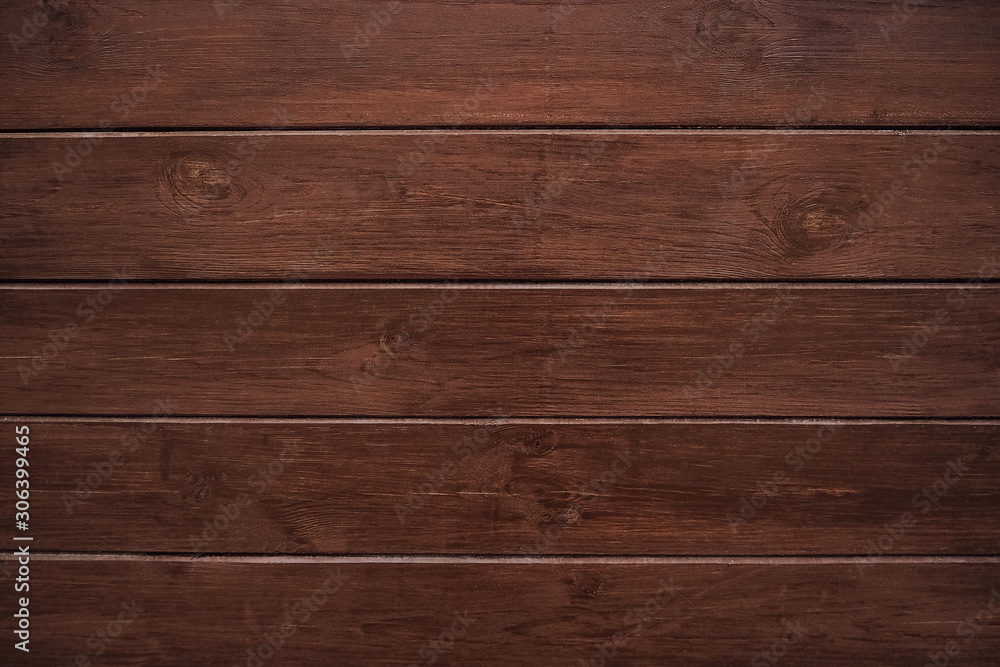 Fototapeta premium Classic brown wooden background made of dark natural wood in the style of grunge. Top view. Raw planed texture of coniferous pine varnished. The surface of the table for shooting flat lay. Copy space