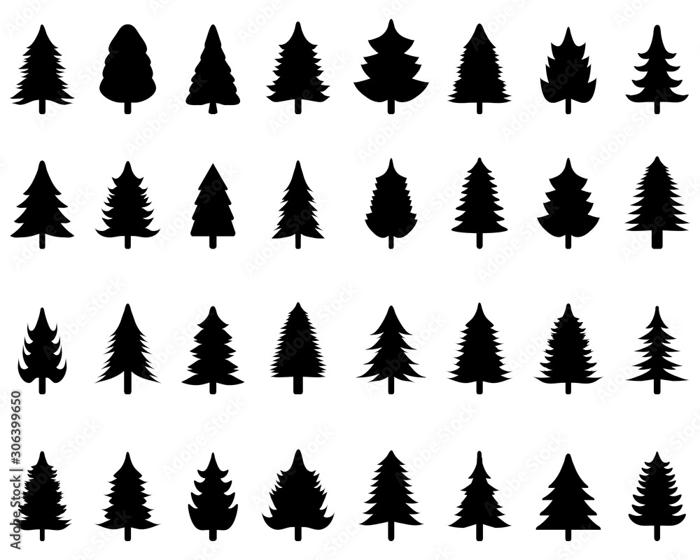 Set of black Christmas trees on a white background	