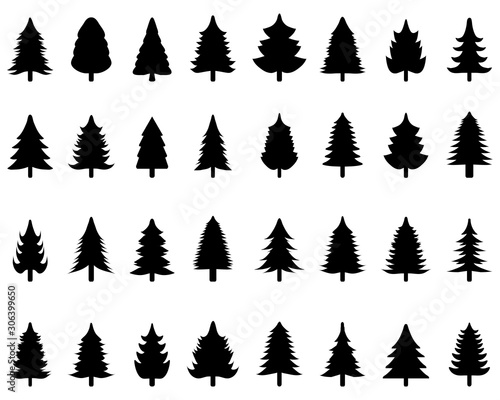 Set of black Christmas trees on a white background 