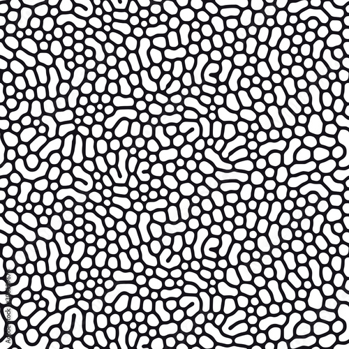 Organic seamless pattern with rounded shapes. Diffusion reaction background. Irregular stone effect design. Abstract vector illustration in black and white.