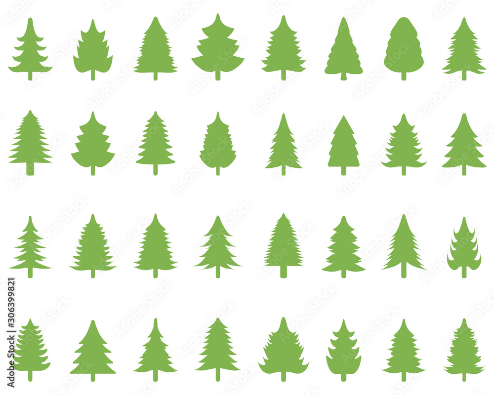 Set of green Christmas trees on a white background