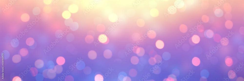 Purple bokeh banner. Yellow pink violet ombre. Golden glitter. Festive sparkles. Empty background. Blurry texture. Defocus pattern. Abstract template.