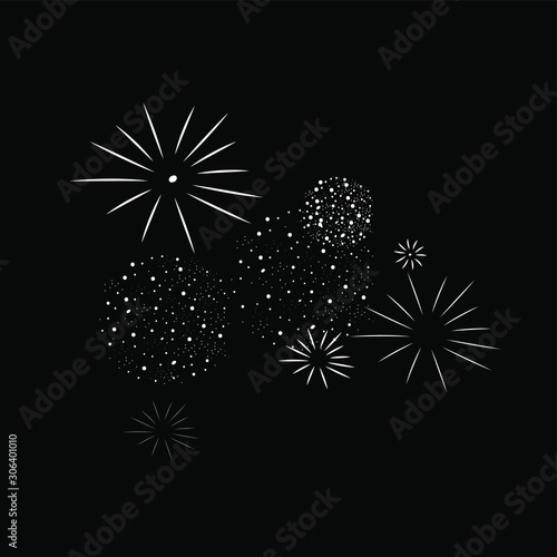 Fireworks, fireworks display. New Year's, public celebratory event. Black and white drawing, doodle, illustration. Simple, minimalist vector style. White line, linear vector, dark, black background