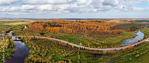 Golden autumn in Siberia. Top view panorama