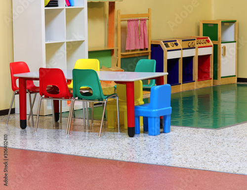 inside the kindergarten with small table and little chairs photo