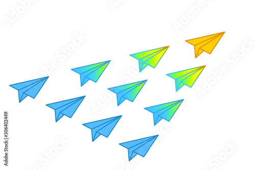 Vector illustration. Paper airplanes. They are flying. Leader and followers. Isolated on white. Stock illustration. Key Opinion Leaders