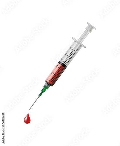 Vector syringe for injection vaccine with red blood liquid isolated on white background