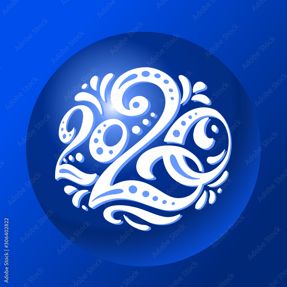 Hand drawn vector lettering calligraphy number text 2020. Happy New Year greeting card. Vintage Christmas decoration design. Gzhel Russian style. Hand drawn vector lettering calligraphy number text 2020. Happy New Year greeting card. Vintage Christmas decoration design. Gzhel Russian style.