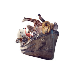 Old boat with wild animals and birds on white background