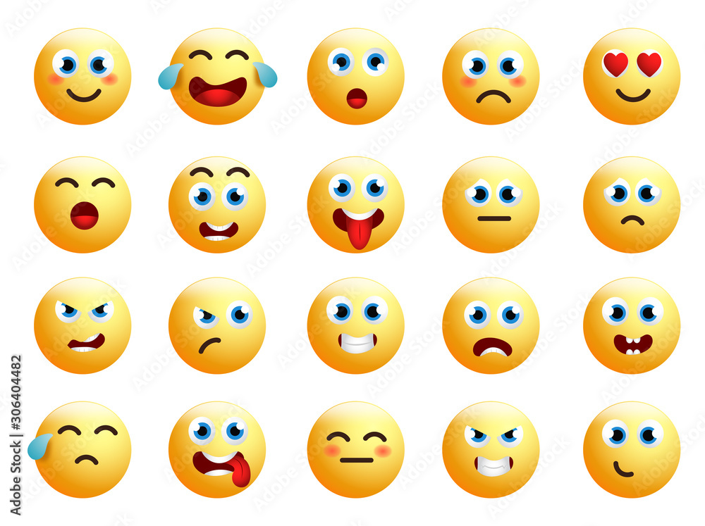 Emoticons vector set. Emoji smiling face or yellow emoticon with various facial expressions and emotions like happy, lonely, confused and hurt isolated in white background. Vector illustration Emoticons vector set. Emoji smiling face or yellow emoticon with various facial expressions and emotions like happy, lonely, confused and hurt isolated in white background. Vector illustration