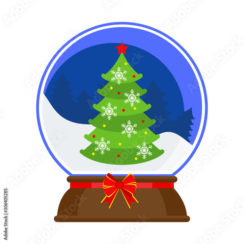 Glass christmas snowball Flat vector cartoon illustration.