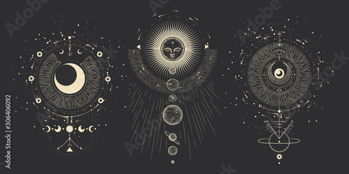 Vector illustration set of moon phases. Different stages of moonlight activity in vintage engraving style. Zodiac Signs