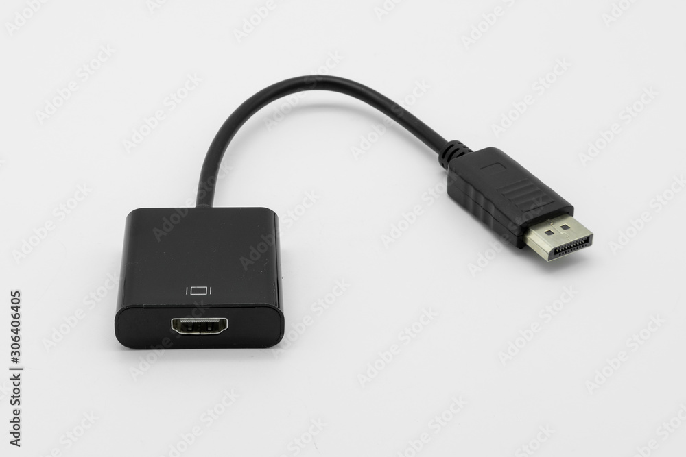 Detailed view of a Display Port to HDMI AV cable showing its connectors and black connector housing. Used to convert Display Port Video to HDMI input devices, screens Detailed view of a Display Port to HDMI AV cable showing its connectors and black connector housing. Used to convert Display Port Video to HDMI input devices, screens