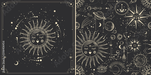 Vector illustration set of moon phases. Different stages of moonlight activity in vintage engraving style. Zodiac Signs