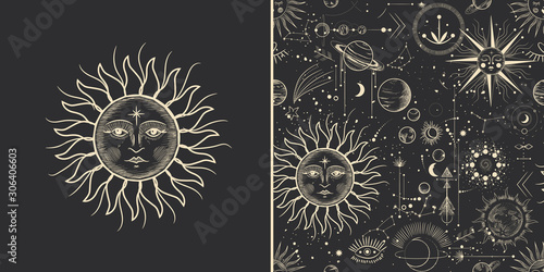 Vector illustration set of moon phases. Different stages of moonlight activity in vintage engraving style. Zodiac Signs