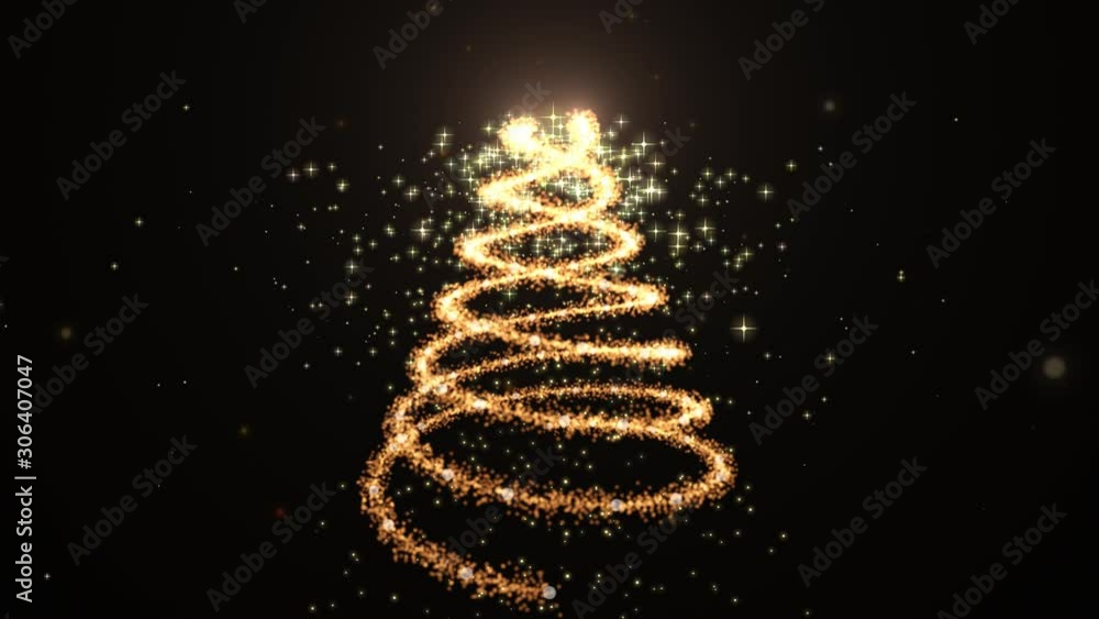 Animated Christmas tree with falling snowflakes . background Christmas tree made of gold animated particles. Christmas mood.