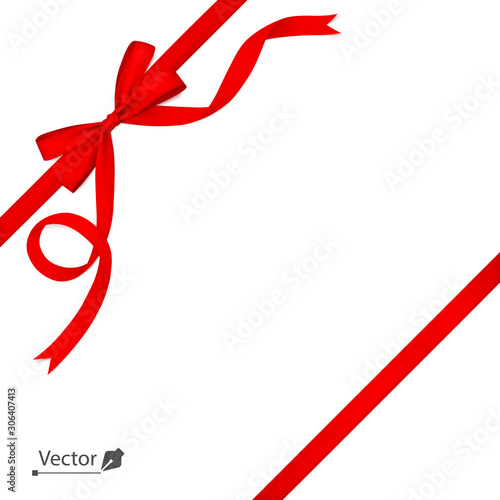 Red ribbon with bow tied to corner with a knot. Gift.