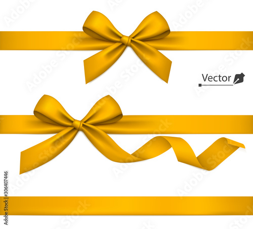 Holiday golden bow with ribbon. Vector present.