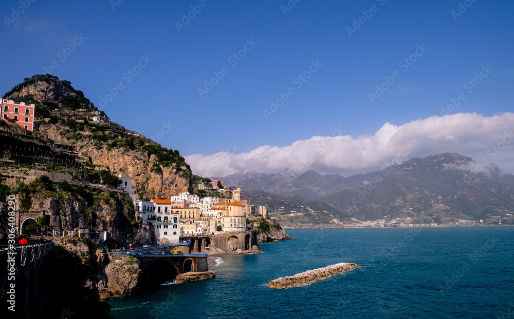 Rocky coastline along the coast of Positano Italy on the Amalfi Coast