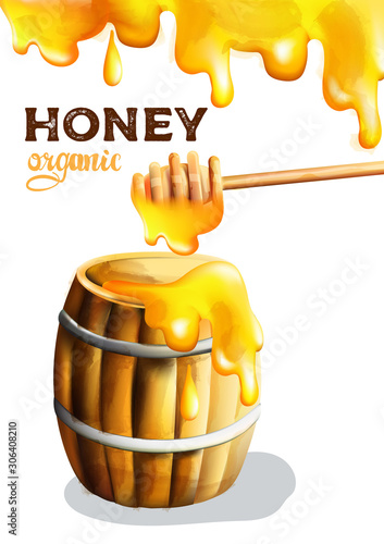 Organic honey dripping on barrel from wooden dipper. Watercolor vector