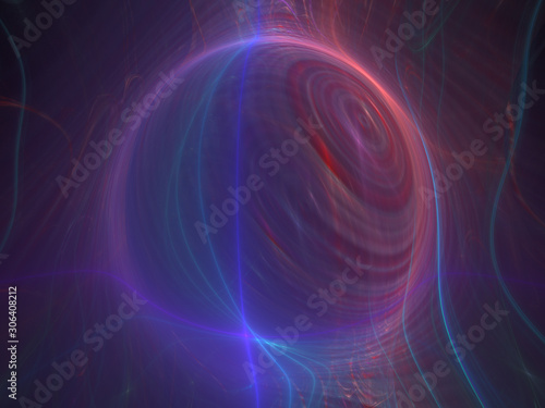 Abstract Spherical Shape 3D Illustration - Colorful gradients of light warped into the shape of a sphere. Brilliant glowing lights, blue and purple neon gradients.