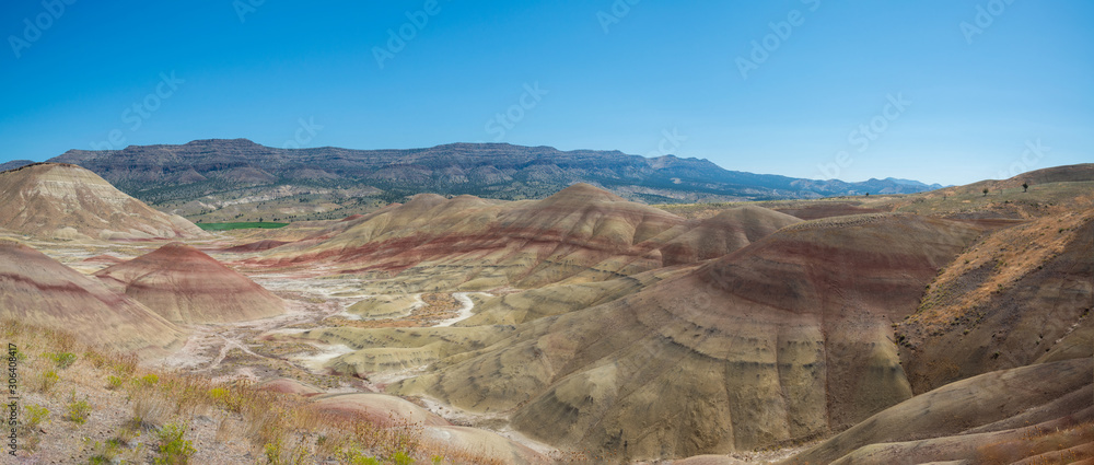 Panorama of the unique landscape known as Painted Hills in Oregon