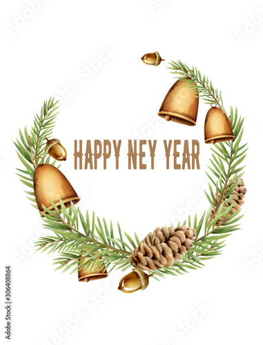 Happy new year wreath composition with bell, pine cone and leaves. Watercolor...