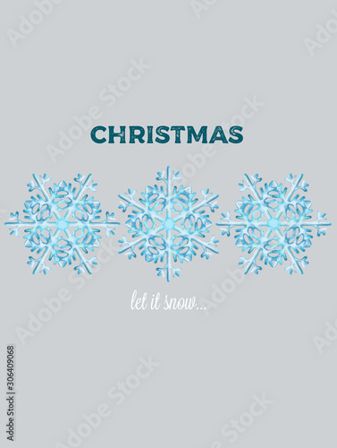 Winter let it snow composition with big blue snowflakes. Gray isolated backgr...