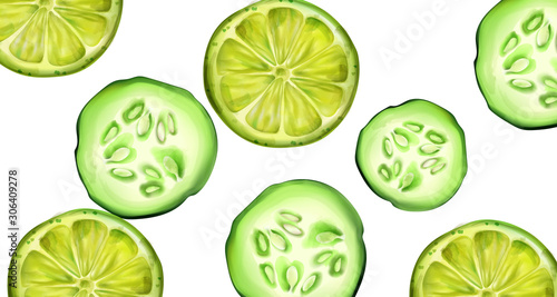 Green cucumber and lime slices for banner. Watercolor style vector