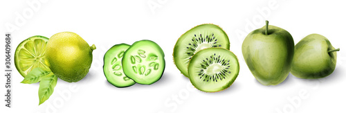 Green watercolor apple, kiwi, lime and cucumber. Be Healthy food vector