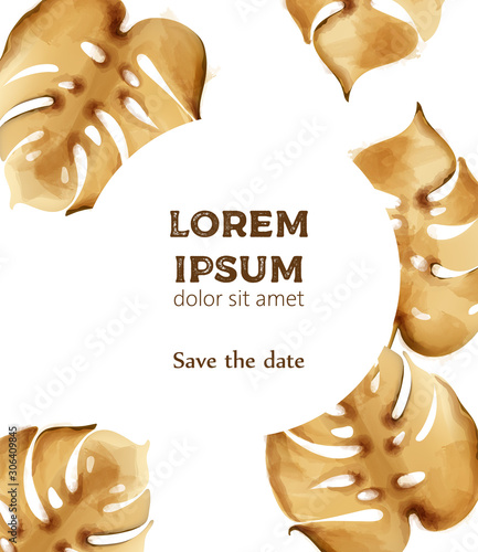 Invitation card composition with golden leaves and round frame for text. Vector