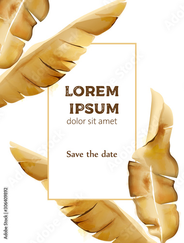 Invitation card composition with golden leaves and frame for text. Vector