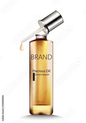 Precious oil bottle with dropper. Place for brand or text. Vector