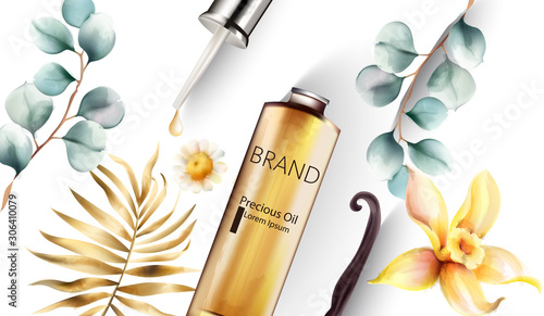 Precious oil bottle with dropper. Golden and blue leaves on background. Place for brand or text. Vector