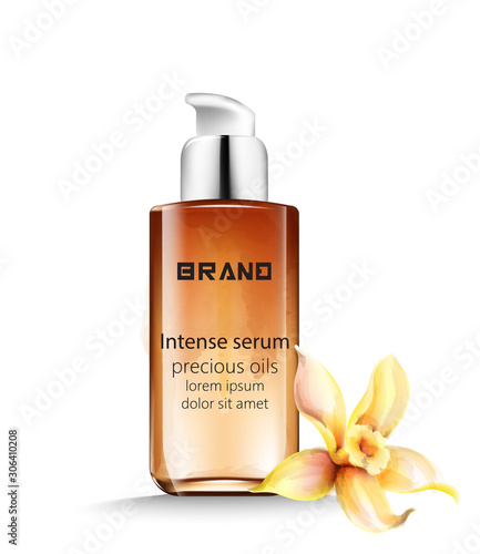 Intense serum bottle with precious oils inside. Vanilla decoration