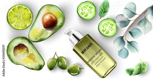 Intense serum bottle with healthy products decoration. Cucumber, lime, avocado, olive. Watercolor vector
