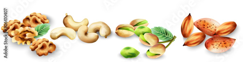 Watercolor set of organic nuts. Pistachio, cashew, walnut and almonds. Vector