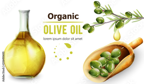 Organic olive oil in bottle. Wooden shovel. Place for text or brand. Watercolor style vector
