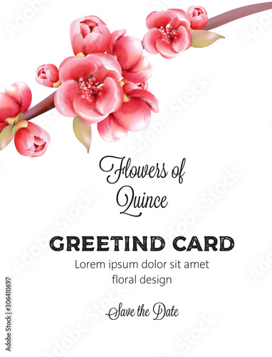 Red Flowers of Quince on tree branch invitation greeting card. Watercolor vector