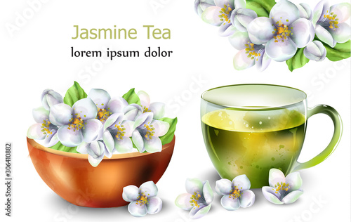 Jasmine tea with flowers decorations. White isolated background.