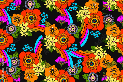 seamless pattern with bright flowers in the style of the 70s