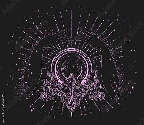 Vector drawn fortuneteller woman hands conjure above a magic crystal ball on a patterned stand. The magic stars light rays of the space universe. Halloween Mage Attributes pink line on a cosmos dark 