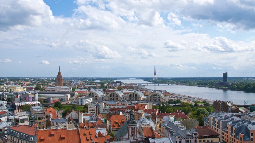 Aerial view of Riga and Daugava River in Latvia