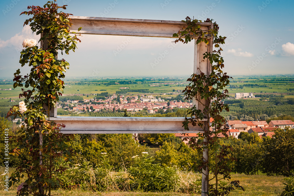 Frame with view of Pianura Padana from panoramic viewpoint of Coniolo Monferrato Frame with view of Pianura Padana from panoramic viewpoint of Coniolo Monferrato