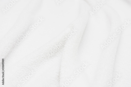 White crumpled blanket, plaid, background with copy space, top view