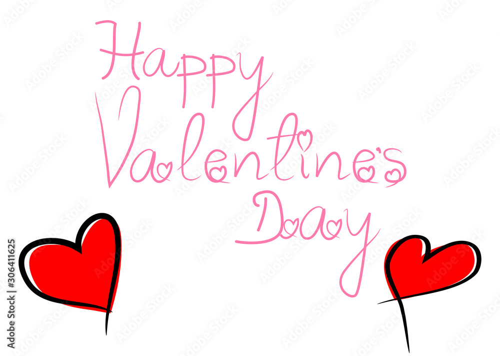 Hand Drawn Lettering Happy Valentines Day Isolated On White Background,Vector. Happy Valentines Day Calligraphy For Greeting Card,Poster And Saint Valentine Day 14th Of February. Hand Drawn Red Hearts