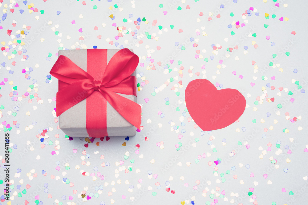 Valentine's day gift and valentine, white table with scattered toned, copy space, close up, top view Valentine's day gift and valentine, white table with scattered toned, copy space, close up, top view