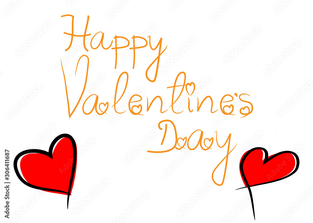 Hand Drawn Lettering Happy Valentines Day Isolated On White Background,Vector. Happy Valentines Day Calligraphy For Greeting Card,Poster And Saint Valentine Day 14th Of February. Hand Drawn Red Hearts