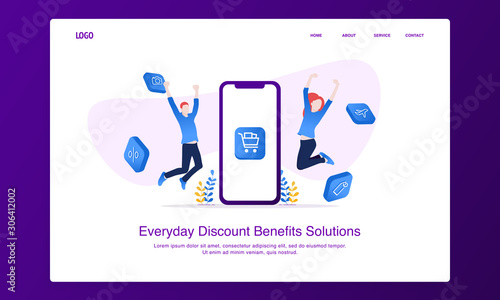 Illustration of cheerful positive girl and boy jumping in the air with mobile e-commerce discount. Modern flat design concept landing page template